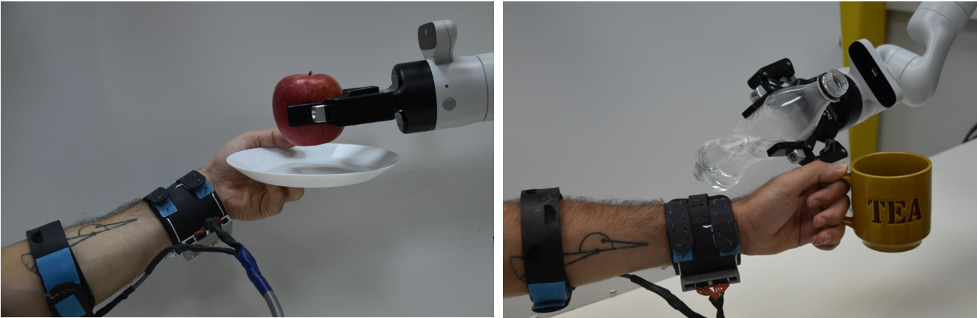 רובוט מסייע למשתמש הלובש את המכשיר לאחר זיהוי החפץ ביד
